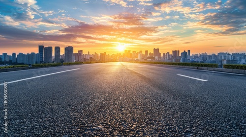 Empty asphalt road and city skyline with buildings at sunset Ai generated