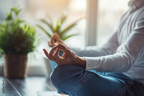 Businessman meditating in lotus position on yoga mat at home