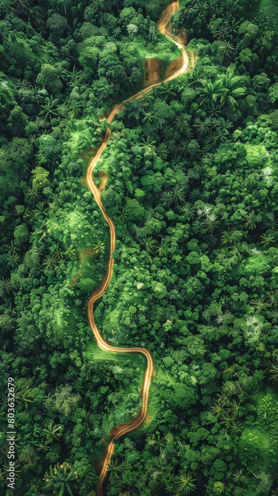 A winding road through a lush green forest A winding road through a lush green forest