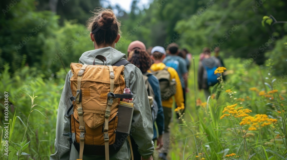A group of people are walking through a forest A group of people are walking through a forest
