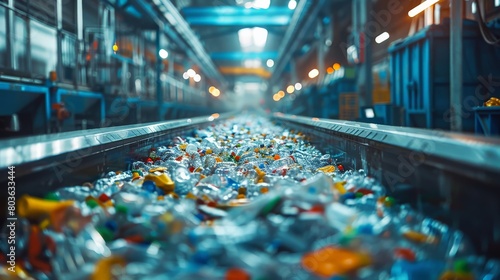 A conveyor belt is filled with plastic bottles photo