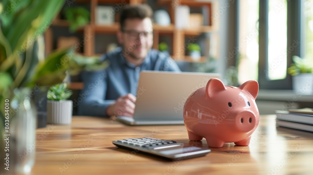 Man working from home with a piggy bank on his desk, symbolizing financial planning, savings, and remote work lifestyle, in a comfortable and green indoor environment Man working from home with a piggy bank on his desk, symbolizing financial planning, savings, and remote work lifestyle, in a comfortable and green indoor environment