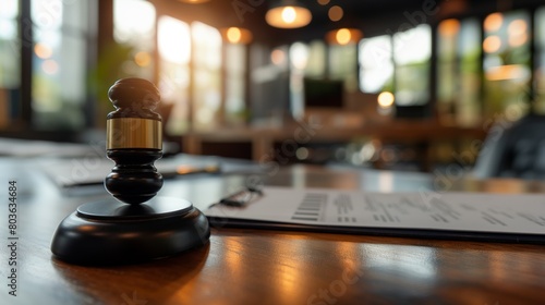 Gavel on a wooden table in a modern office setting with blurred background, concept of legal authority and judiciary power photo