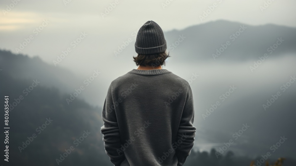 山並みを見下ろすカジュアルな男性後ろ姿,Generative AI AI画像 山並みを見下ろすカジュアルな男性後ろ姿,Generative AI AI画像