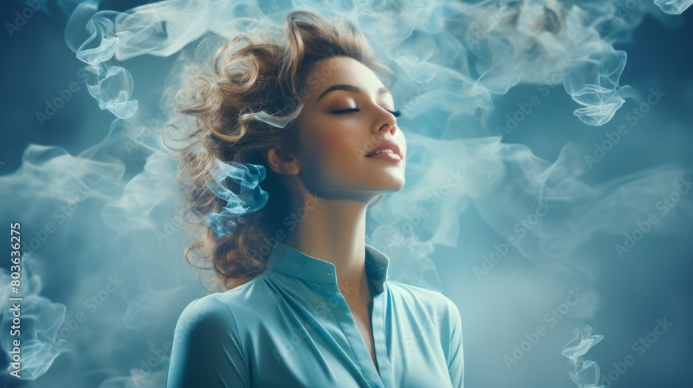 ビジネスウーマンと水色のスモーク,Generative AI AI画像