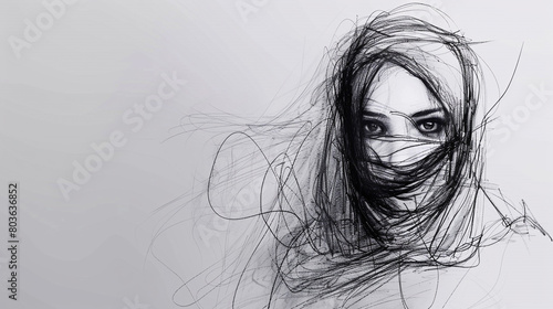  A hauntingly beautiful portrait of a veiled woman, her eyes obscured but her presence unmistakable, sketched in delicate black lines against a plain white background photo