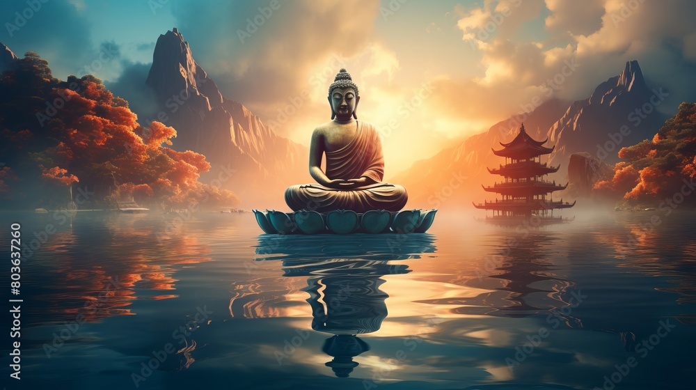 水面に座る仏陀像,Generative AI AI画像 水面に座る仏陀像,Generative AI AI画像