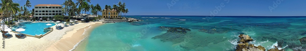 Panoramic View of a Tropical Beach Resort with Crystal Clear Waters and Lush Palms, Perfect for a Luxurious Getawa Panoramic View of a Tropical Beach Resort with Crystal Clear Waters and Lush Palms, Perfect for a Luxurious Getawa