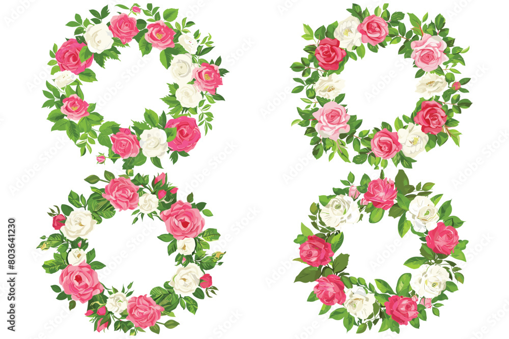 Wreath of spring flowers in a circle of green foliage with pink rose and white rose flowers, Round wreath of leaves and rose flowers, Floral frame with rose flowers and leaves, Vector illustration
Wreath of spring flowers in a circle of green foliage with pink rose and white rose flowers, Round wreath of leaves and rose flowers, Floral frame with rose flowers and leaves, Vector illustration