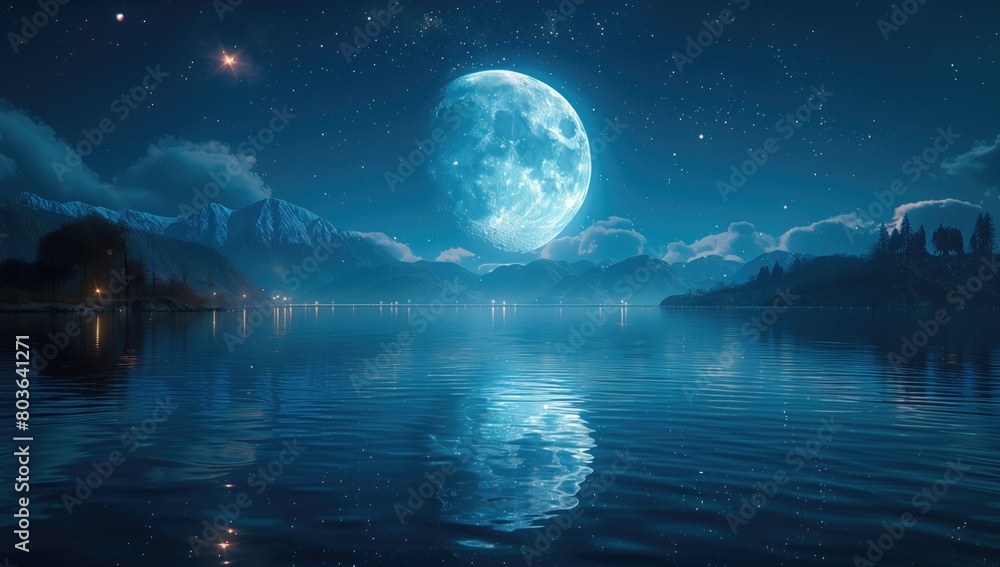 full moon reflects on a lake