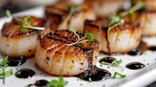 Fototapeta Naklejka Na Ścianę i Meble -  Seared scallops arranged on a white plate, garnished with microgreens and a drizzle of balsamic reduction