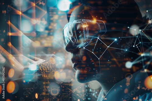 a person in a lab coat and safety goggles, merged with a backdrop of chemical formulas and molecular structures, symbolizing the role of science in industrial innovation photo