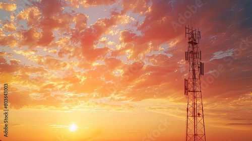 Detailed view of a signal tower at sunset, long-distance communication infrastructure