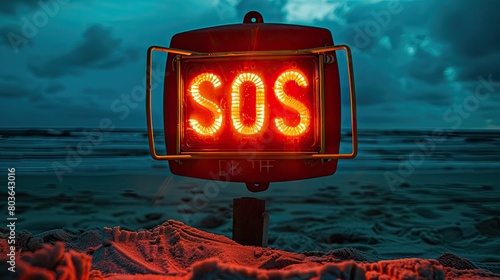 Macro shot of an SOS signal on a deserted beach, emergency communication photo