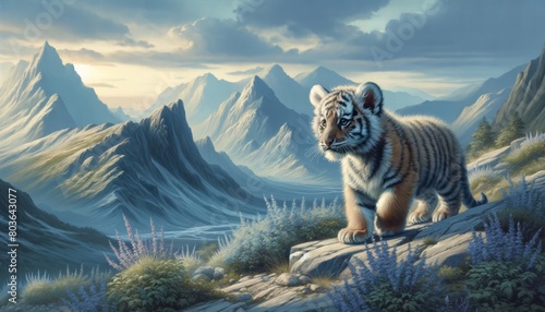 A baby tiger is standing on a rock in front of a mountain range photo