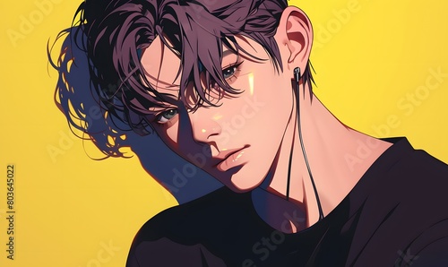 anime style. Cool K-pop male idol on a simple one color background , Generative AI  photo
