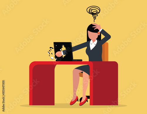Stressed employees. Angry business woman breaks her laptop compute