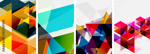 A creative arts collage featuring four triangles in different tints and shades on a white background. The triangles form a pattern with electric blue  symmetry  and glasslike effects