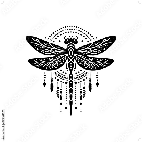 Dragonfly silhouette in bohemian, boho, nature illustration