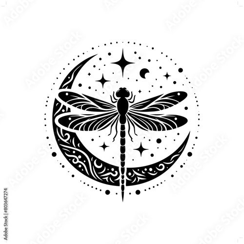 Dragonfly silhouette in bohemian, boho, nature illustration