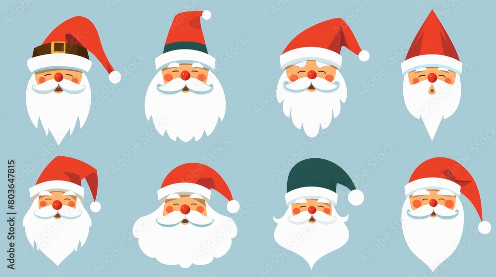 Set of Santas hats and beards in the flat style. Christmas concept. cartoons. Illustrations