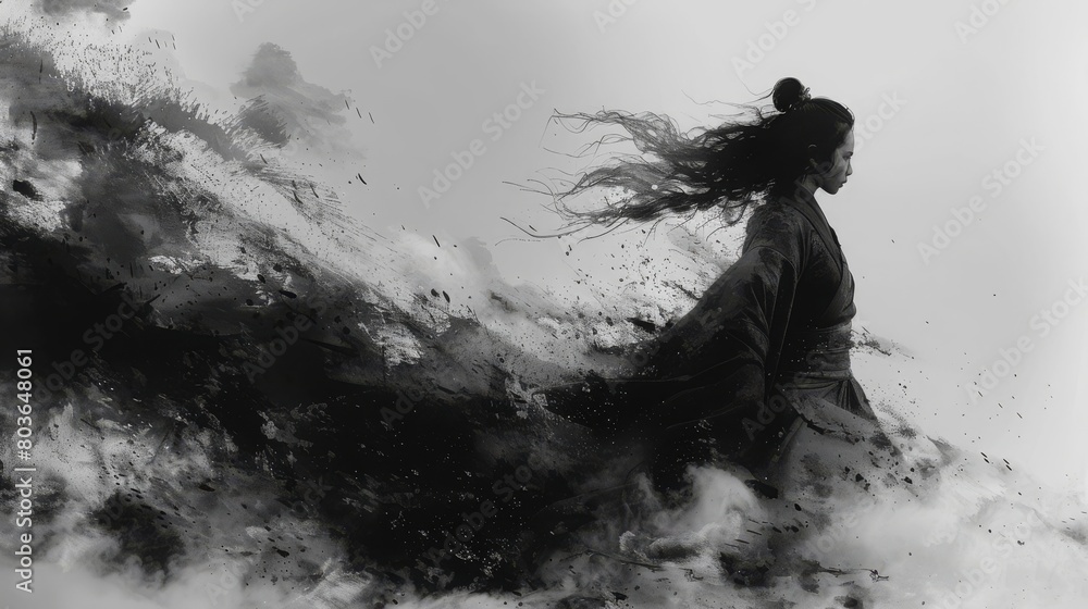 Obraz premium 墨絵で描いた侍の立ち姿,Generative AI AI画像