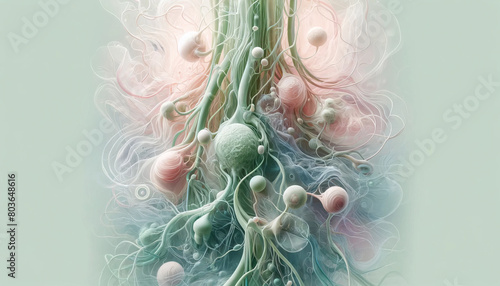 Anatomical illustration of the lymphatic system integrated with futuristic ultrasound imagery, vividly depicting lymph nodes, vessel