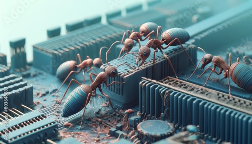 Close-up view of digital ants with precise technological details, actively constructing a colony inside an old computer. The scene captures these ants photo