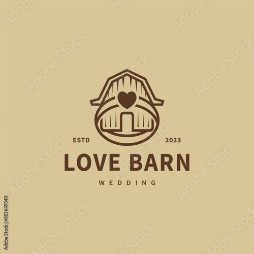 barn and love ring monoline vector illustration for wedding logo design