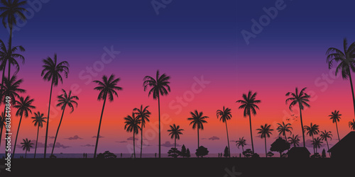 Silhouetted coconut palm trees at the beach with dramatic sky rectangle background vector illustration. Summer traveling and party at the beach concept flat design with blank space.