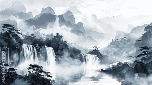 水墨画の滝風景,Generative AI AI画像 photo