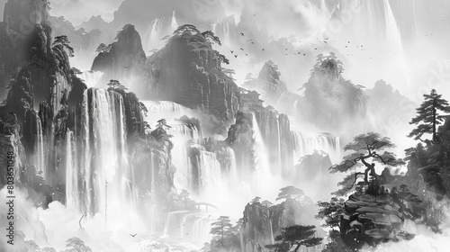 水墨画の滝風景,Generative AI AI画像