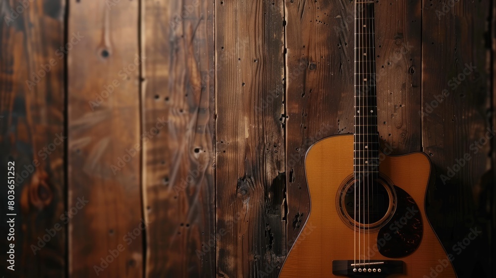 Acoustic guitar leaning against dark wooden background Acoustic guitar leaning against dark wooden background