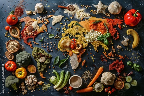 Diverse range of global cuisines. Top view of world map made of food ingredients and vegetables.