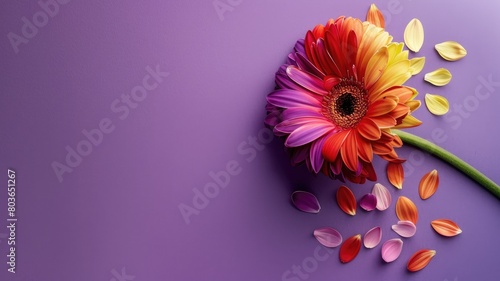 Orange and pink gerbera flower with petals scattered on purple background