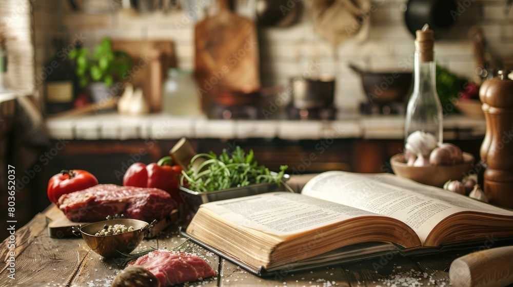 Rustic kitchen scene with open cookbook, fresh ingredients, and raw meat on wooden counter