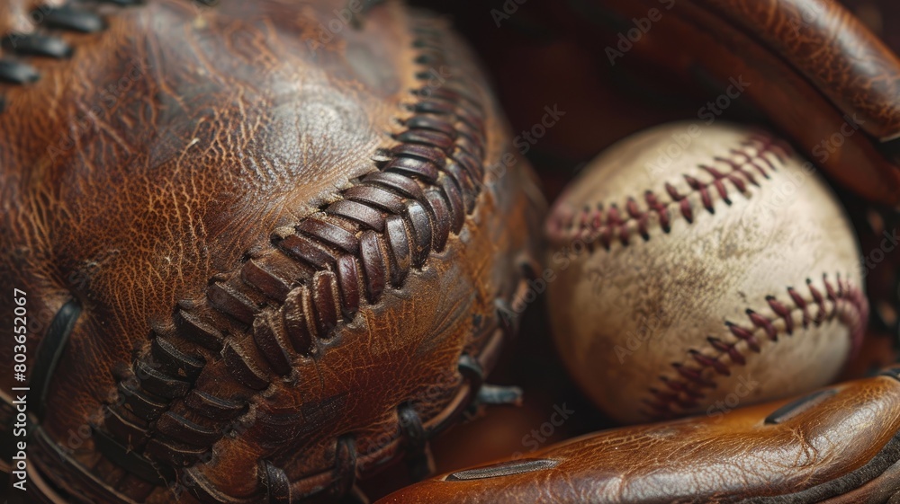Close-up of well-used baseball and glove showing detail texture Close-up of well-used baseball and glove showing detail texture