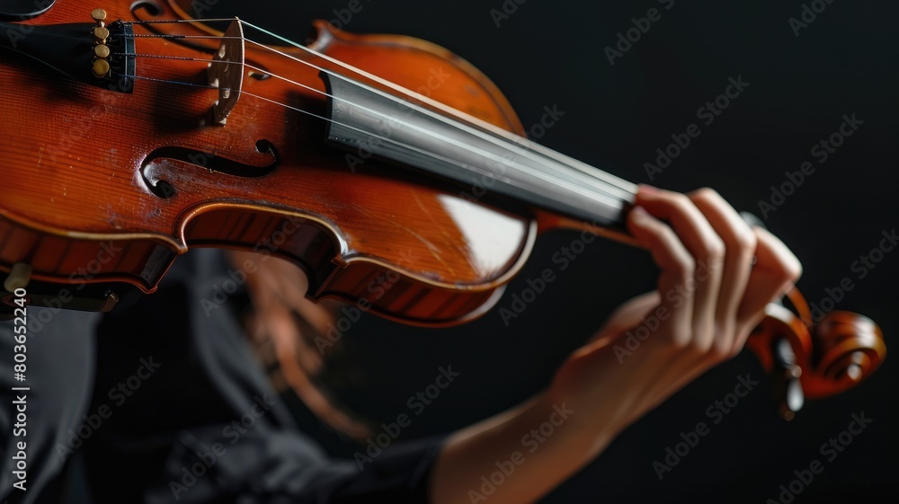 Close-up of hands playing violin against dark background Close-up of hands playing violin against dark background