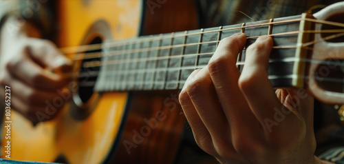 Close-up of hands strumming acoustic guitar photo