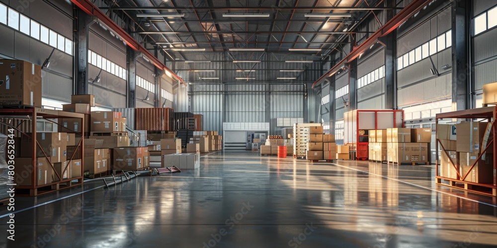 Sunlit warehouse interior with organized boxes and empty forklift