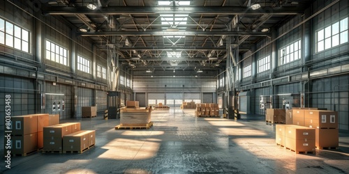 Sunlit spacious warehouse ready for a bustling workday photo