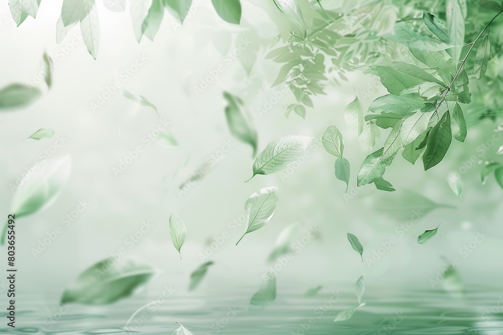A light green dreamscape, leaves floating down like whispers of nature, serene and soft A light green dreamscape, leaves floating down like whispers of nature, serene and soft