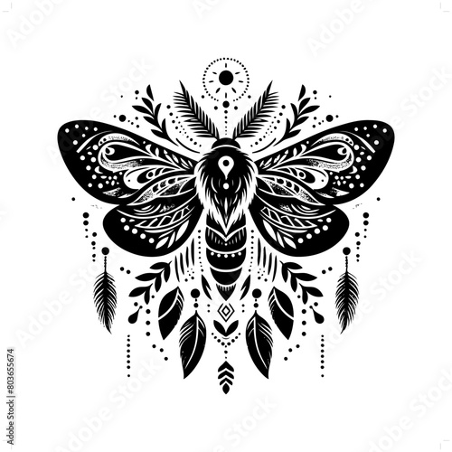 moth silhouette in bohemian, boho, nature illustration