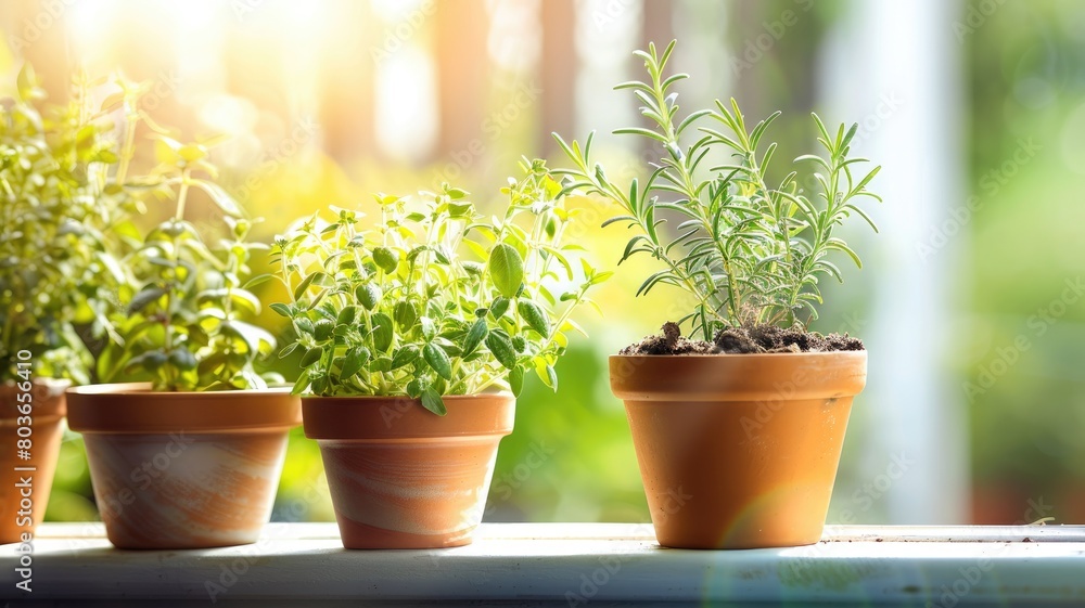 Potted plants on sunny windowsill Potted plants on sunny windowsill