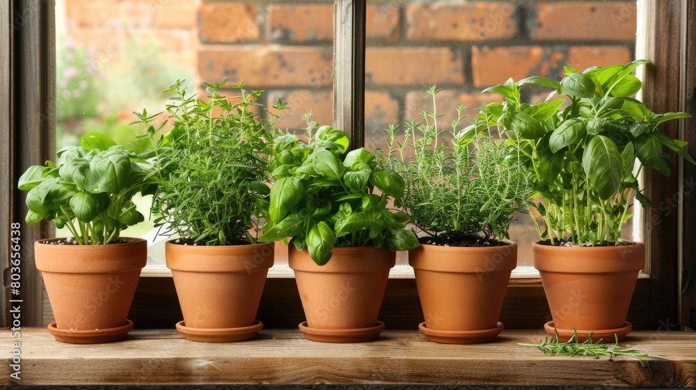 Variety of fresh herbs in terracotta pots on wooden windowsill