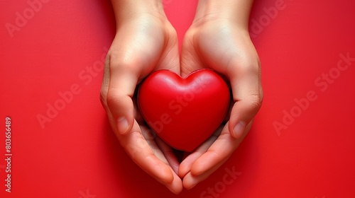 Close-up of hands cradling a heart  with a flat  tender red background  symbolizing care