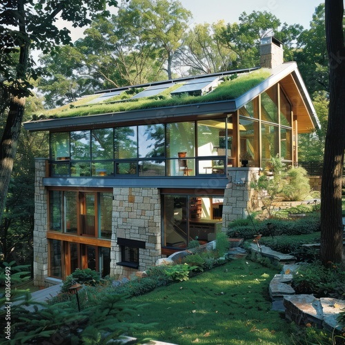 Create an eco-friendly home design that utilizes passive solar heating, green roofs, and natural light to minimize energy consumption.