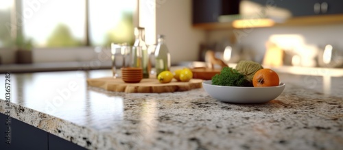 Granite texture table top with blurred kitchen background