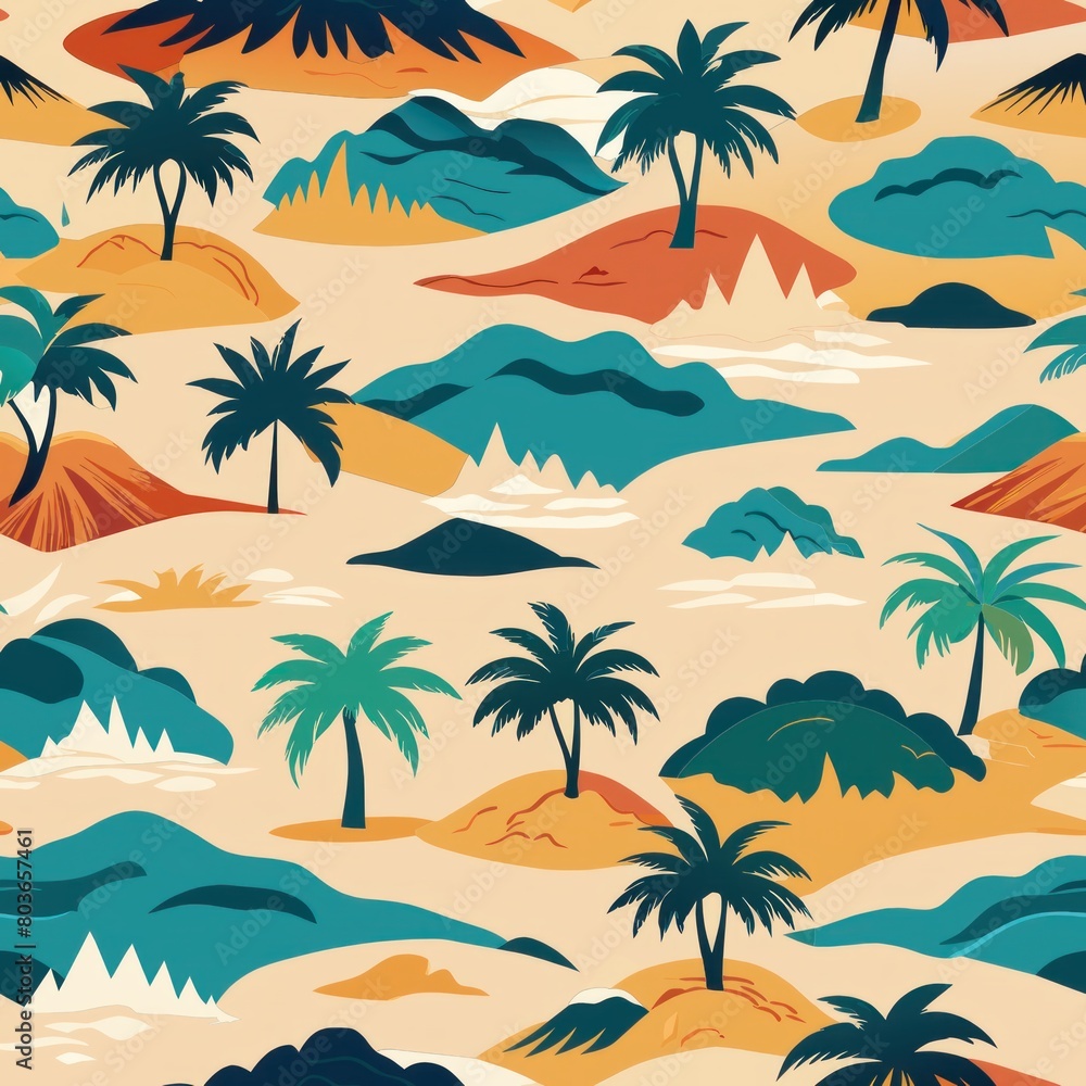 Obraz premium Seamless pattern of sandy beaches and palm-fringed coastlines, Generative AI
