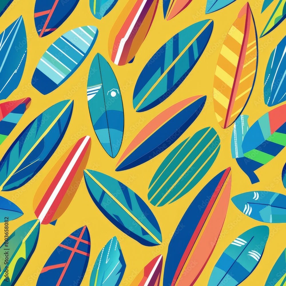 Seamless pattern of sun-kissed surfboards and beach towels, Generative AI
